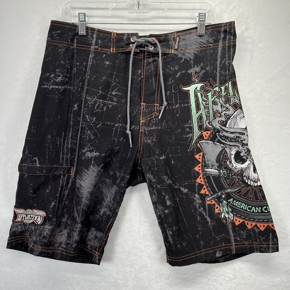 Affliction Other - Affliction Board Shorts Men’s Sz 32 Skulls Native Motorcycles Black Swim Trunks